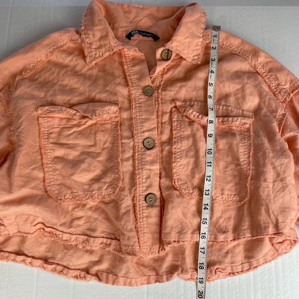 Zara Peach Coral Button Up Frayed Hem Cropped Jacket Womens Large - Picture 9 of 9